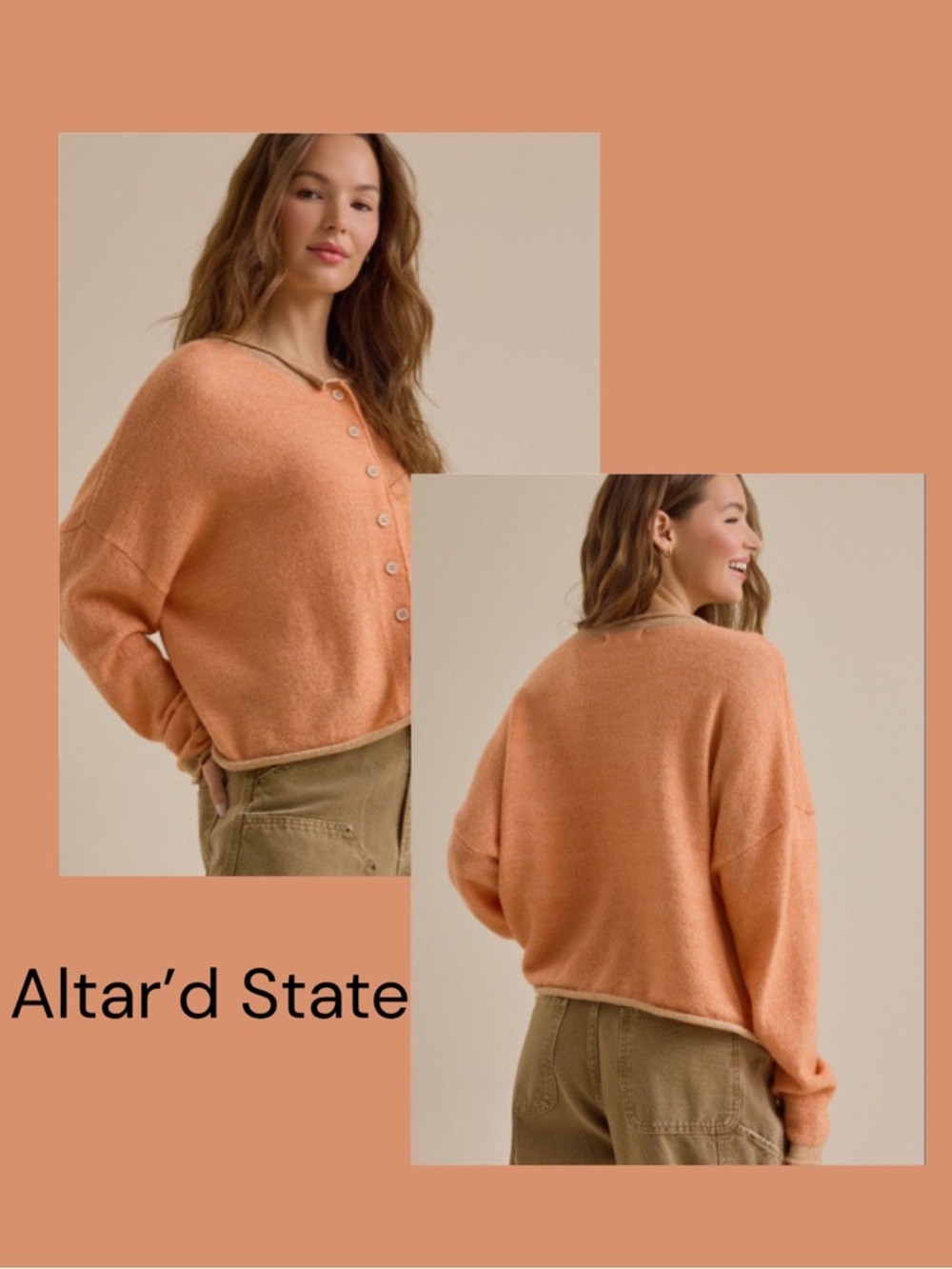 NWOT Altar'd State Skyla Contrast Roll Neck Peachy Orange Cardigan Sweater Size